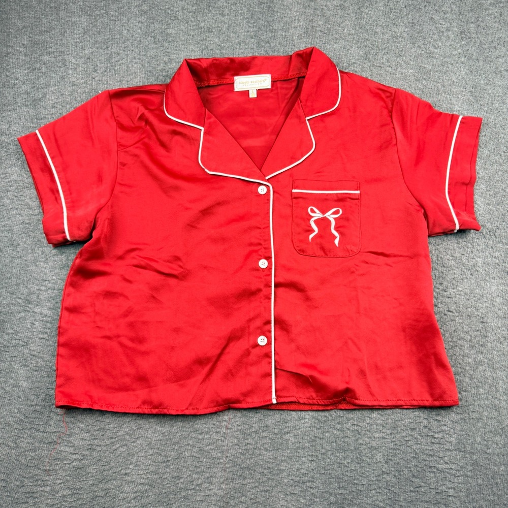 Simply Southern Red Satin Pajama Top L Large Coquette Bow Short Sleeve Button Up
